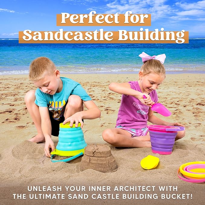 JOYIN Foldable Beach Bucket Set - 3 Packs Collapsible Toy Buckets with Shovels and Mesh Backpack for Kids Toddlers Party, Camping Gear, Travelling, Fishing Water Pail (Pink/Purple/Green)