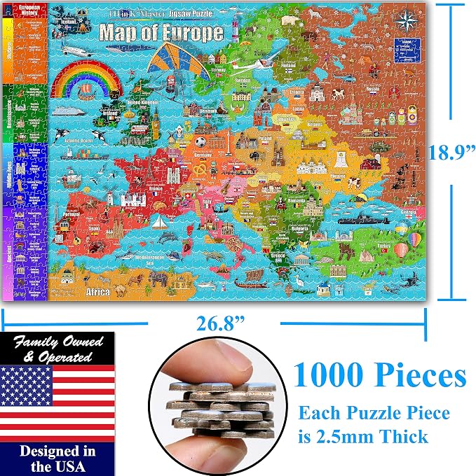 Think2Master Colorful Map of Europe 1000 Pieces Jigsaw Puzzle for Kids 13+, Teens, Adults & Families. Great Gift for stimulating Interest in the European Map. Size: 26.8” X 18.9”