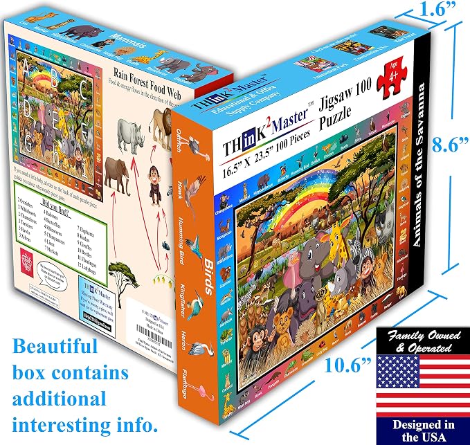 Think2Master Zoo Animals of The Savanna Jungle Safari 100 Pieces Jigsaw Puzzle. Great Gift 23.4” X 16.5”