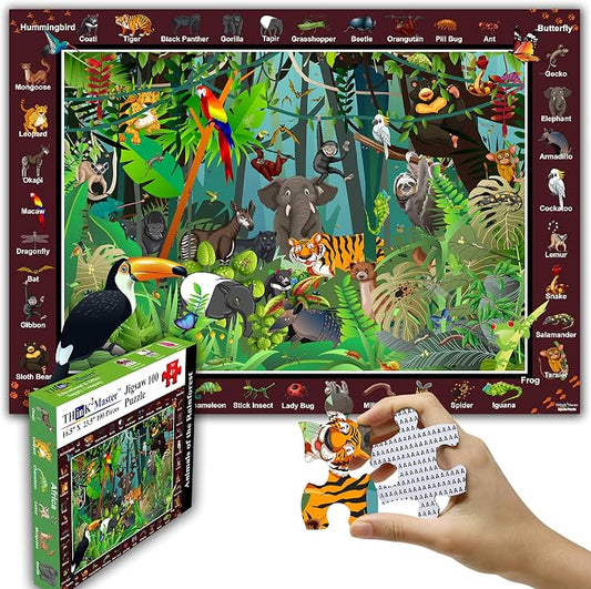 Think2Master Colorful Rainforest Jungle Zoo Animals 100 Pieces Jigsaw Puzzle.Great Gift 23.4” X 16.5”