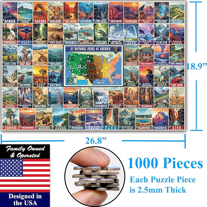 Think2Master Colorful Vintage USA National Parks 1000 Pieces Large Format Jigsaw Puzzle for Kids 13+, Teens, Adults & Families. Great Gift for People Interested in Traveling. Size: 26.8” X 18.9”