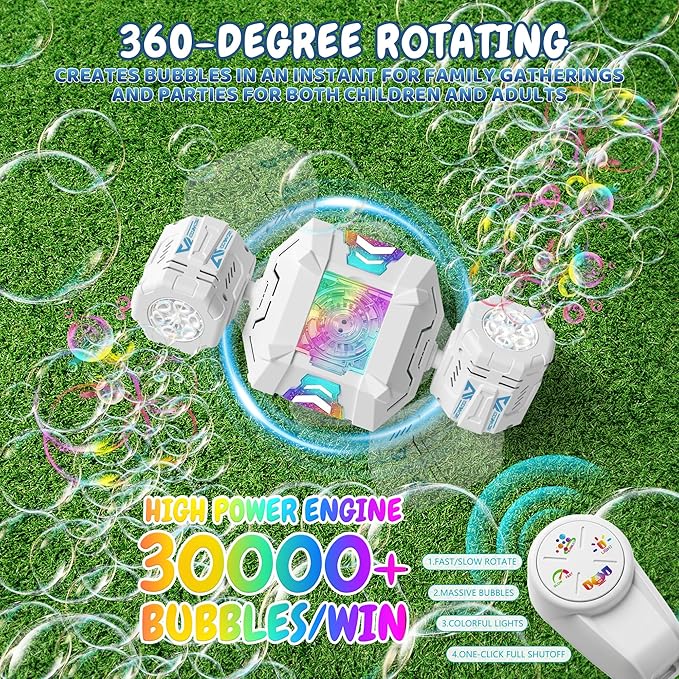 Bubble Machine, Rechargeable Dual-Nozzle Bubble Machine with Remote Control, 30000+ Bubbles Per Minute, RGB Lights, Bubble Machine for Kids, Weddings, Birthday Parties, Outdoor Activities