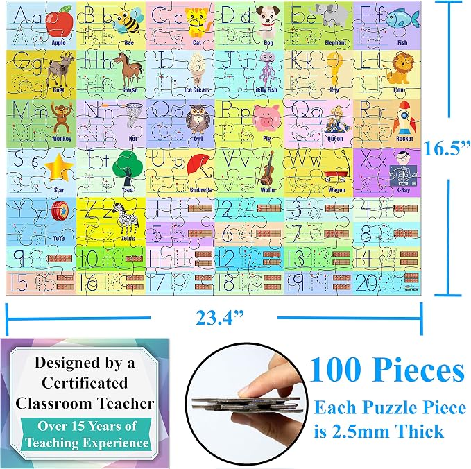 Think2Master Colorful Alphabet & Numbers 100 Pieces Jigsaw Puzzlef. Great Gift Size:23.4” X 16.5”