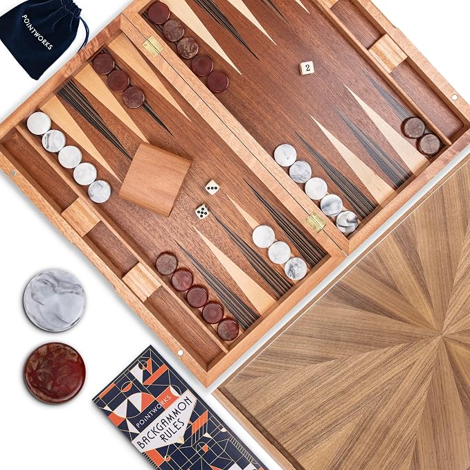 Pointworks 17 Inch Backgammon Sets for Adults. Beautiful Wood Inlaid Backgammon Board Game Set with Unique Checkers & Dice. Large Back Gammon Game Sets Travel Size for 2 Players Nardi or Tavla