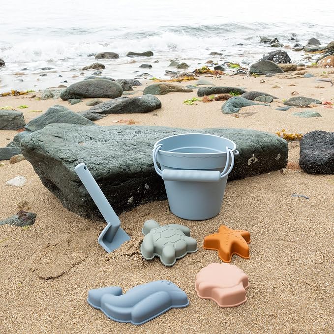 BLUE GINKGO Modern Baby Sand Toys | Travel Friendly | Silicone Bucket, Shovel, 4 Molds, Beach Bag for Toddlers, Kids - Blue