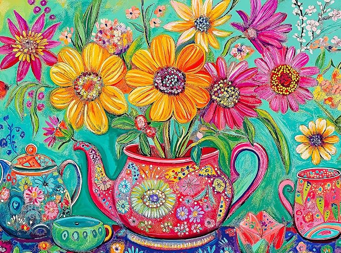 Cross & Glory - The Colorful Teapot Garden - 1000 Piece Jigsaw Puzzle for Adults | Best New Floral Artwork Puzzle | Relaxing and Intricate Puzzle Experience
