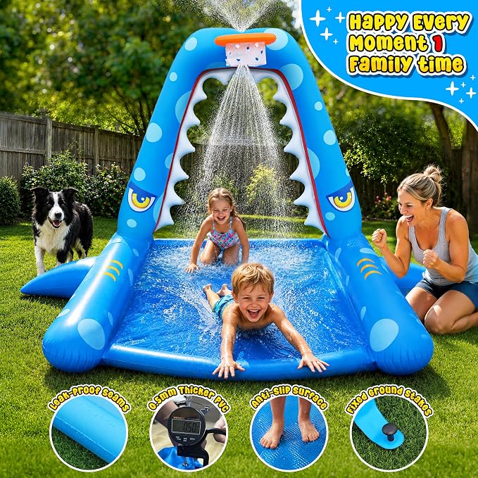 JOSEN Sprinkler for Kids Outdoor Play, Giant Inflatable Shark Water Toys Splash Pad with Basketball Hoop, Fun Sprinkler Summer Outdoor Game for 3-8 Years Old Children Boys Girls Birthday Gift