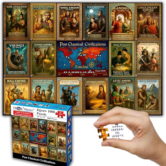 Think2Master Colorful Post Classical Civilization 1000 Pieces Large Format Jigsaw Puzzle: 13+, Teens, Adults & Families. Great Gift with Historical Timeline & World Map. Size: 26.8” X 18.9”