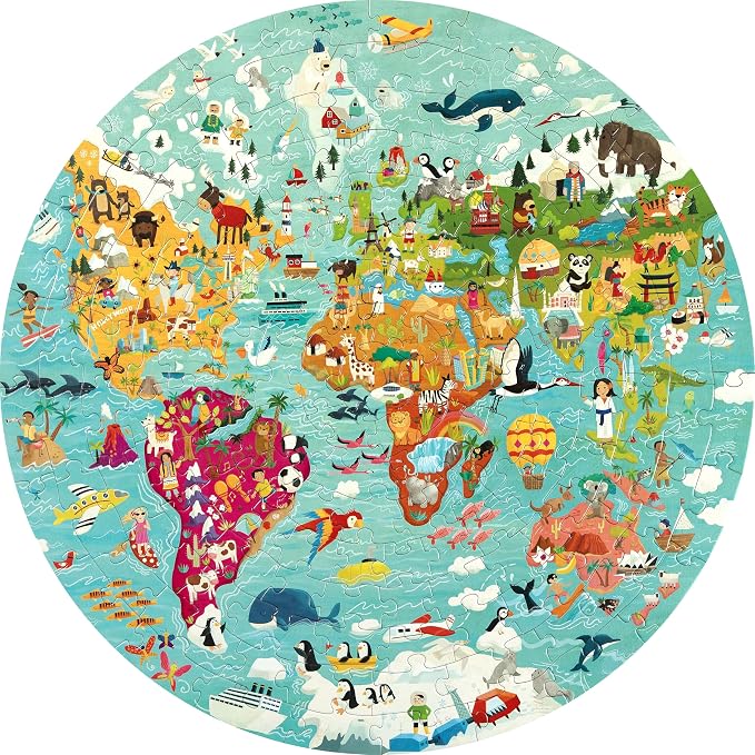 boppi World Map Round Jigsaw Puzzle with 100% Recycled Card 150 Pieces with Animals for Children 5 6 7 8 Years 58cm Diameter