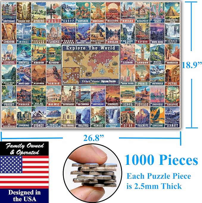 Think2Master Colorful Vintage World Travel Poster 1000 pieces Large Format Jigsaw Puzzle for kids 13+, teens, adults & families. Great gift for people wanting to explore the World. Size: 26.8” X 18.9”