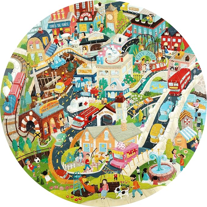 boppi Round 150 Piece Jigsaw Puzzle for Kids Aged 5-8 | Educational City Life Puzzle with Buildings, Vehicles & People | Eco-Friendly Recycled Cardboard