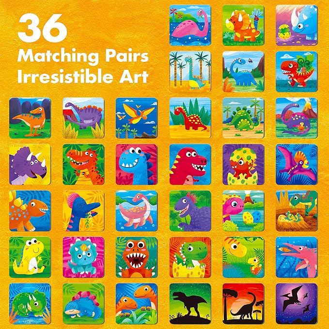 Memory Matching Game, 72 PCS Dinosaurs Matching Cards for Toddlers 36 Pairs Memory Cards Educational Toys for Preschool 4 5 6 Years Old
