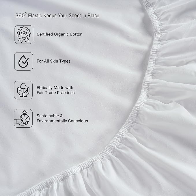 LANE LINEN Queen Sheets 100% Organic Cotton 8pc Percale Cooling - White | Queen Sheet Set, GOTS Certified Organic Cotton Percale - Best-Value Organic Cotton, Affordable Organic Luxury