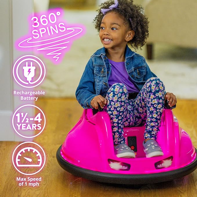 Flybar 6V Pink Glow Bumper Car for Kids – LED Ride-On Toy with 360° Spin, Rechargeable Battery, and Soft Rubber Bumpers – Safe Indoor Fun for Toddlers Ages 1.5+, Up to 66 lbs