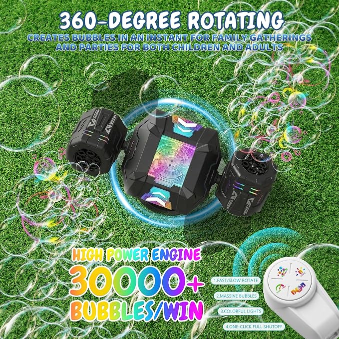 Bubble Machine, Rechargeable Dual-Nozzle Bubble Machine with Remote Control, 30000+ Bubbles Per Minute, RGB Lights, Bubble Machine for Kids, Weddings, Birthday Parties, Outdoor Activities