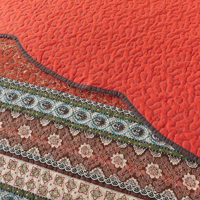 NEWLAKE Cotton Bedspread Quilt Sets - Reversible Patchwork Coverlet Set, Red Striped Jacquard Pattern, Oversized King Size