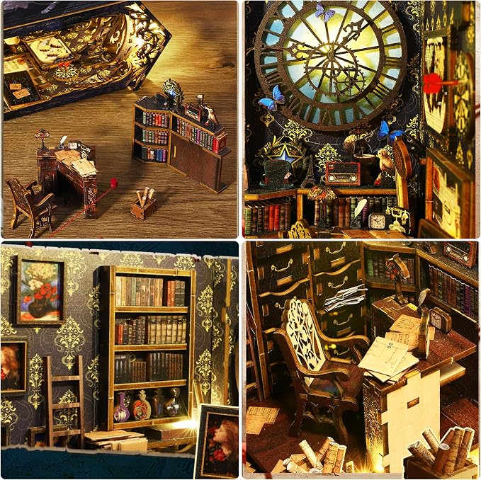 ISSEVE DIY Book Nook Kit, 3D Wooden Puzzle DIY Miniature House Kit for Booknook Shelf Insert Decoration, Magic Book House Stand Bookshelf Dollhouse for Adults with Sensor Light (Detective Agency)