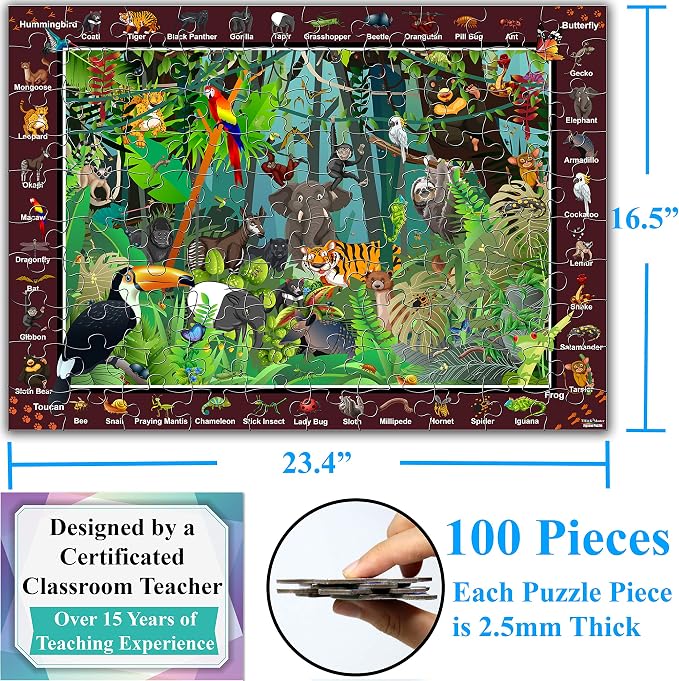 Think2Master Colorful Rainforest Jungle Zoo Animals 100 Pieces Jigsaw Puzzle.Great Gift 23.4” X 16.5”