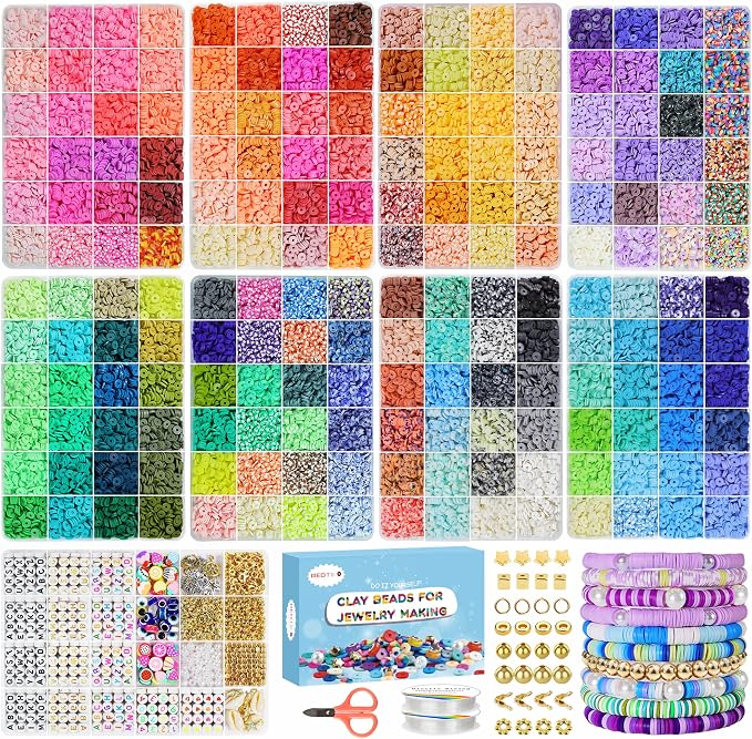 Redtwo 32000 Pcs Clay Beads Bracelet Making Kit, 9 Boxes 192 Colors Friendship Bracelet Kit Flat Polymer Heishi Beads for Jewelry Making, Crafts Gift for Girls Ages 6-12