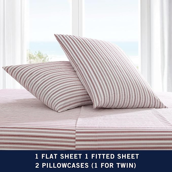 Nautica - Full Sheets, Cotton Percale Bedding Set, Casual Home Decor, Dorm Room Essentials (Coleridge Stripe Red, Full)