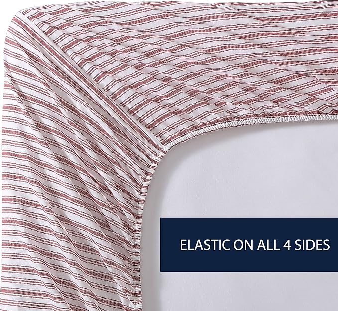Nautica - Twin Sheets, Cotton Percale Bedding Set, Fully Elasticized, Ideal Dorm Essentials (Coleridge Stripe Red, Twin)