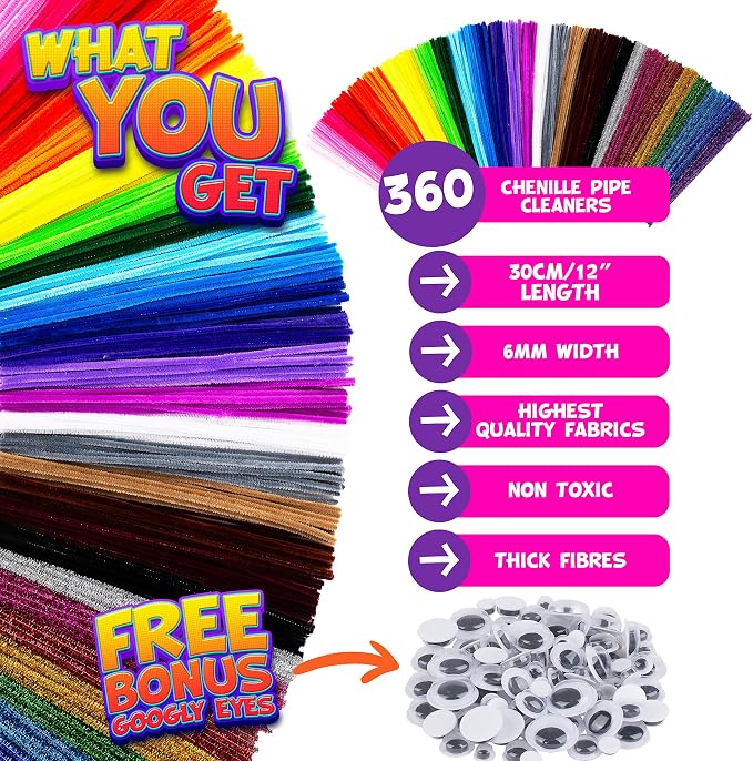 Blue Squid Chenille Stems Pipe Cleaners - 460-Piece Craft Pack with 360 Large Stem Pipe Cleaner & 100 Googly Eyes - Flexible Long Fuzzy Sticks for DIY Arts & Crafts, Home & School Art Supplies
