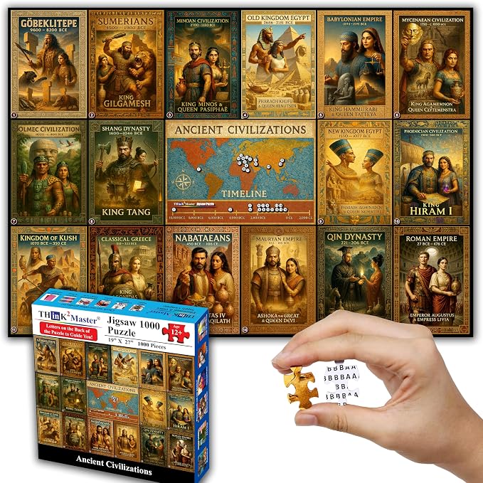Think2Master Ancient Civilizations World History Jigsaw Puzzle 1000 Pieces Large Format for Kids 13+, Teens, Adults & Families. Great Gift. Historical Timeline & World Map. Size: 26.8” X 18.9”
