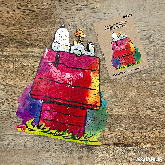 Peanuts Snoopy 131 Piece Wooden Jigsaw Puzzle with 6 Unique Shaped Pieces – Snoopy & Woodstock on Doghouse | Premium Wood Puzzle for Adults, Kids & Families | Officially Licensed Peanuts Merchandise