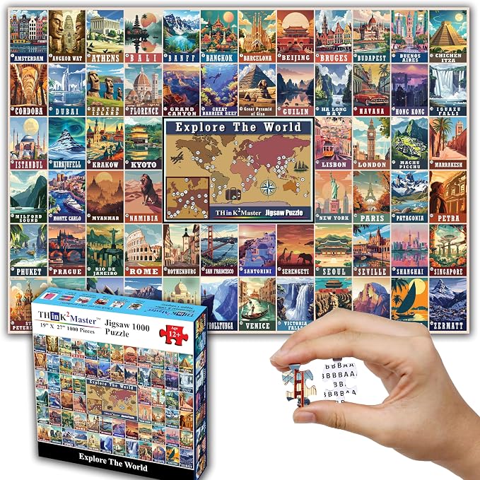 Think2Master Colorful Vintage World Travel Poster 1000 pieces Large Format Jigsaw Puzzle for kids 13+, teens, adults & families. Great gift for people wanting to explore the World. Size: 26.8” X 18.9”