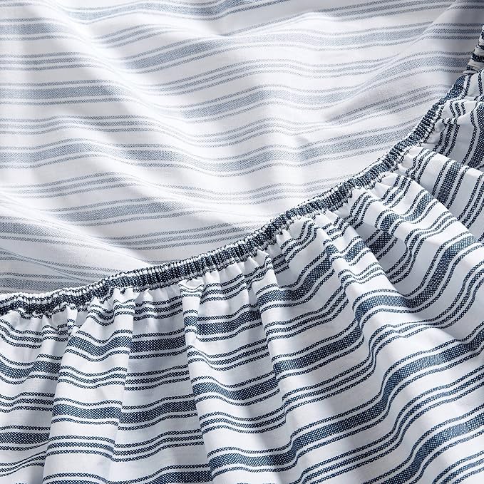 Nautica – Queen Size Sheet Set, Crisp Cotton Percale Bedding with Matching Pillowcases, Lightweight & Breathable Bed Sheets, Deep Pocket, College Dorm Room Essentials (Coleridge Stripe Blue)
