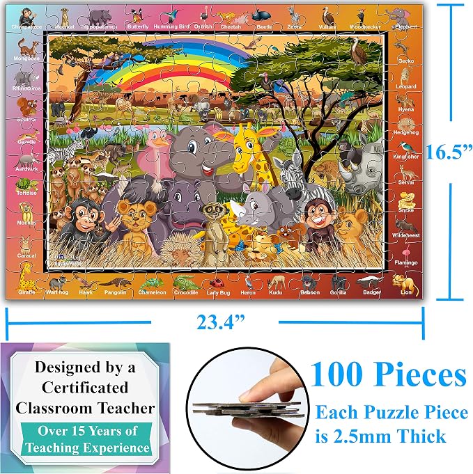 Think2Master Zoo Animals of The Savanna Jungle Safari 100 Pieces Jigsaw Puzzle. Great Gift 23.4” X 16.5”