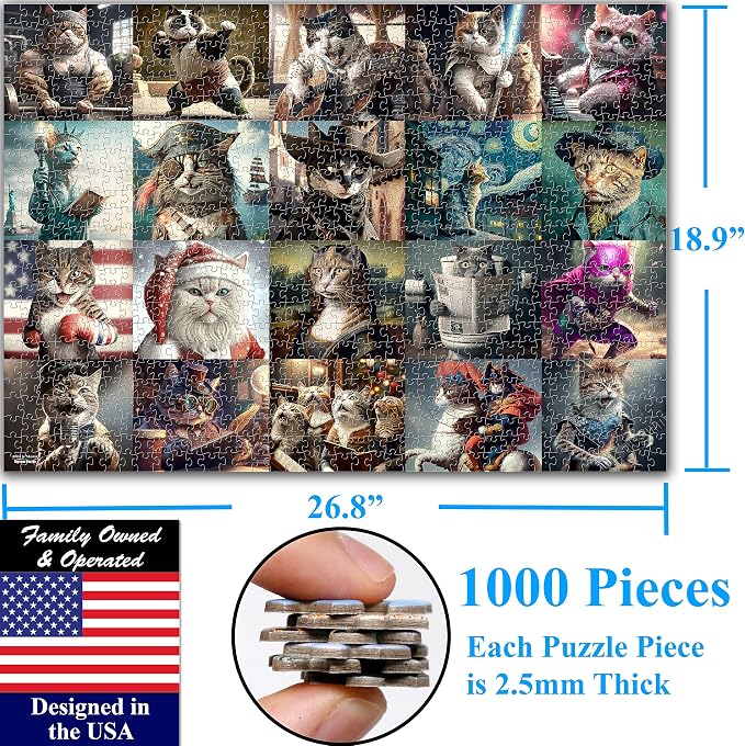 Think2Master Funny Cats 1000 Pieces Jigsaw Puzzle Featuring heartwarming Kittens and Cats. Fun for Teens, Seniors & Families. Great Gift for Kids Ages 13+ Size: 26.8” x 18.9”