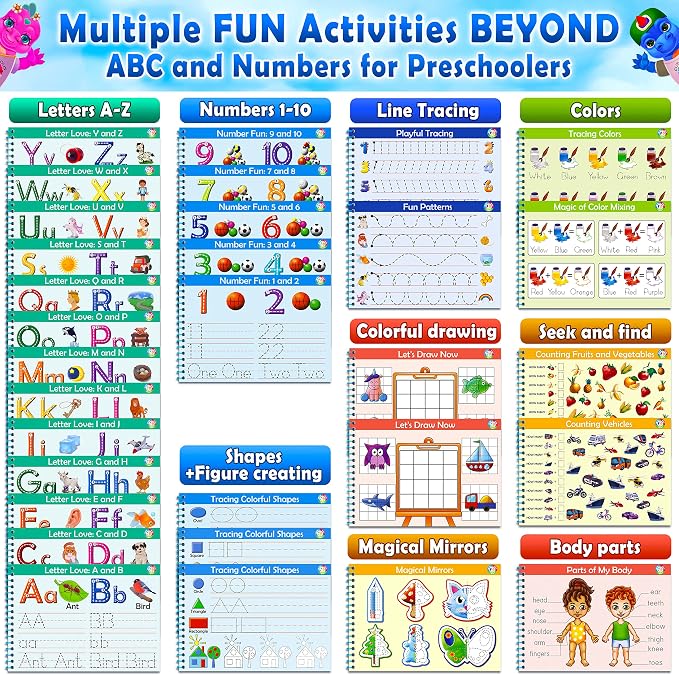 Curious 2 Learn Hardcover Preschool Activity Workbook for Kids Ages 3–5 – 32 Montessori Learning Activities with 9 Markers – ABC, Numbers, Colors & Shapes – Educational Gift for Boys & Girls