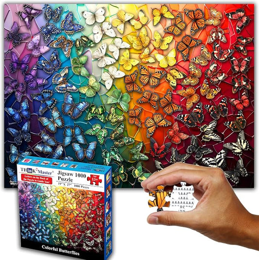 Think2Master Colorful Rainbow of Butterflies & Stained Glass 1000 Pieces Large Format Jigsaw Puzzle for Kids 13+, Teens, Adults & Families. Beautiful Vibrant Illustration Artwork Size: 26.8” X 18.9”