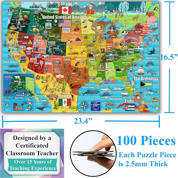 Think2Master Colorful United States Map 100 Pieces Jigsaw Puzzle Great for Families. Great Gift USA.23.4” X 16.5”
